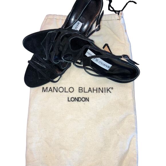 Manolo Blahnik Black Strappy High Heel T Strap Sandal with Dust Bag-size 38.5 - Picture 4 of 10